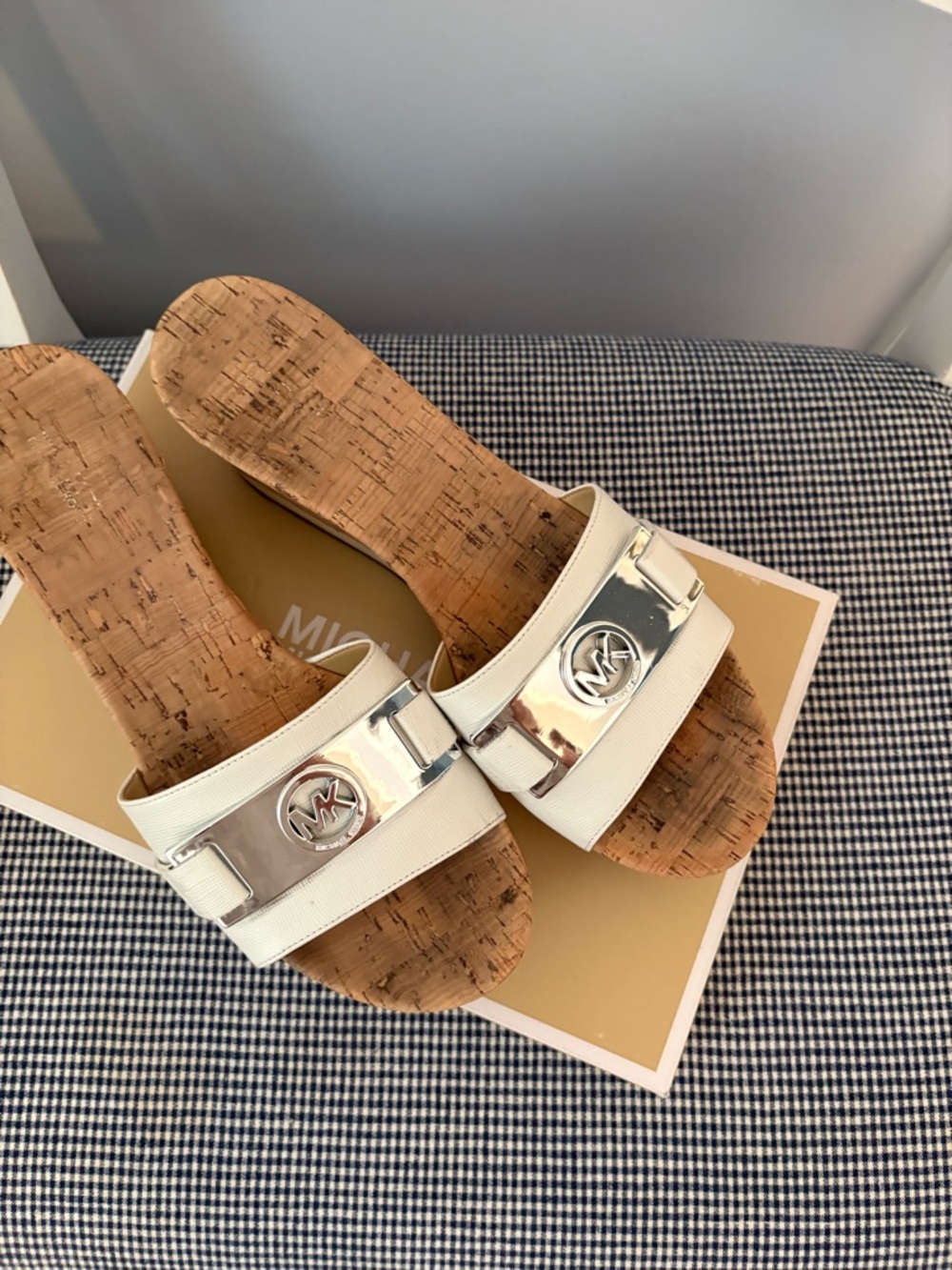 Michael Kors white Slide Sandals with Silver Logo Plaque
